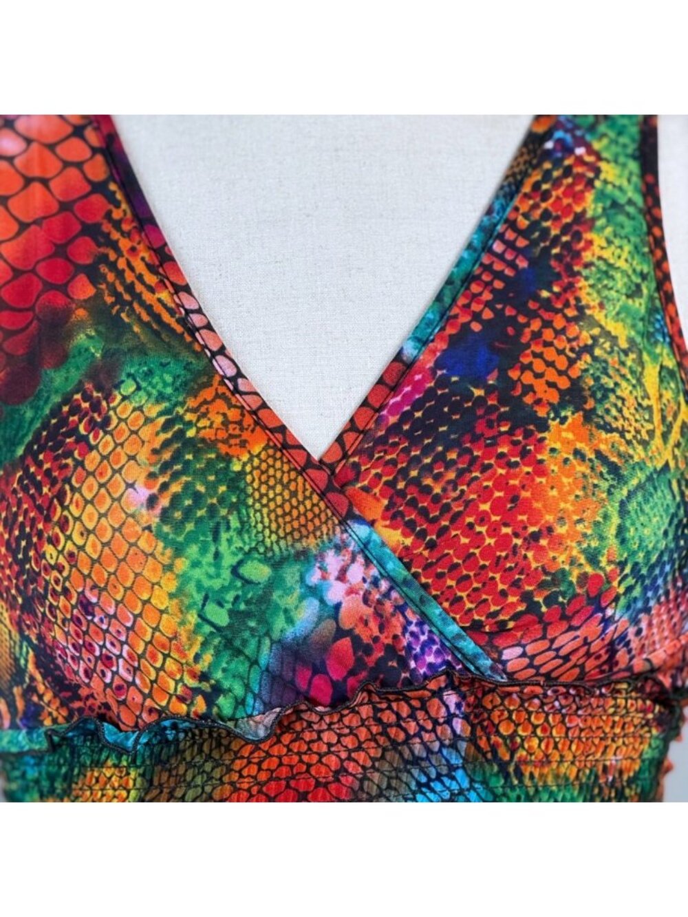 Rainbow Neon Snakeskin Smocked Fit and Flare Beach Mini Dress One Size Y2K Rave - Picture 3 of 10